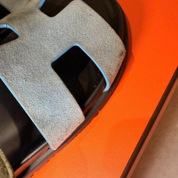 AUTHENTIC HERMES- Chypre Sandal Blue Cameo Vert Celadon Green Strap Slide - Picture 14 of 16